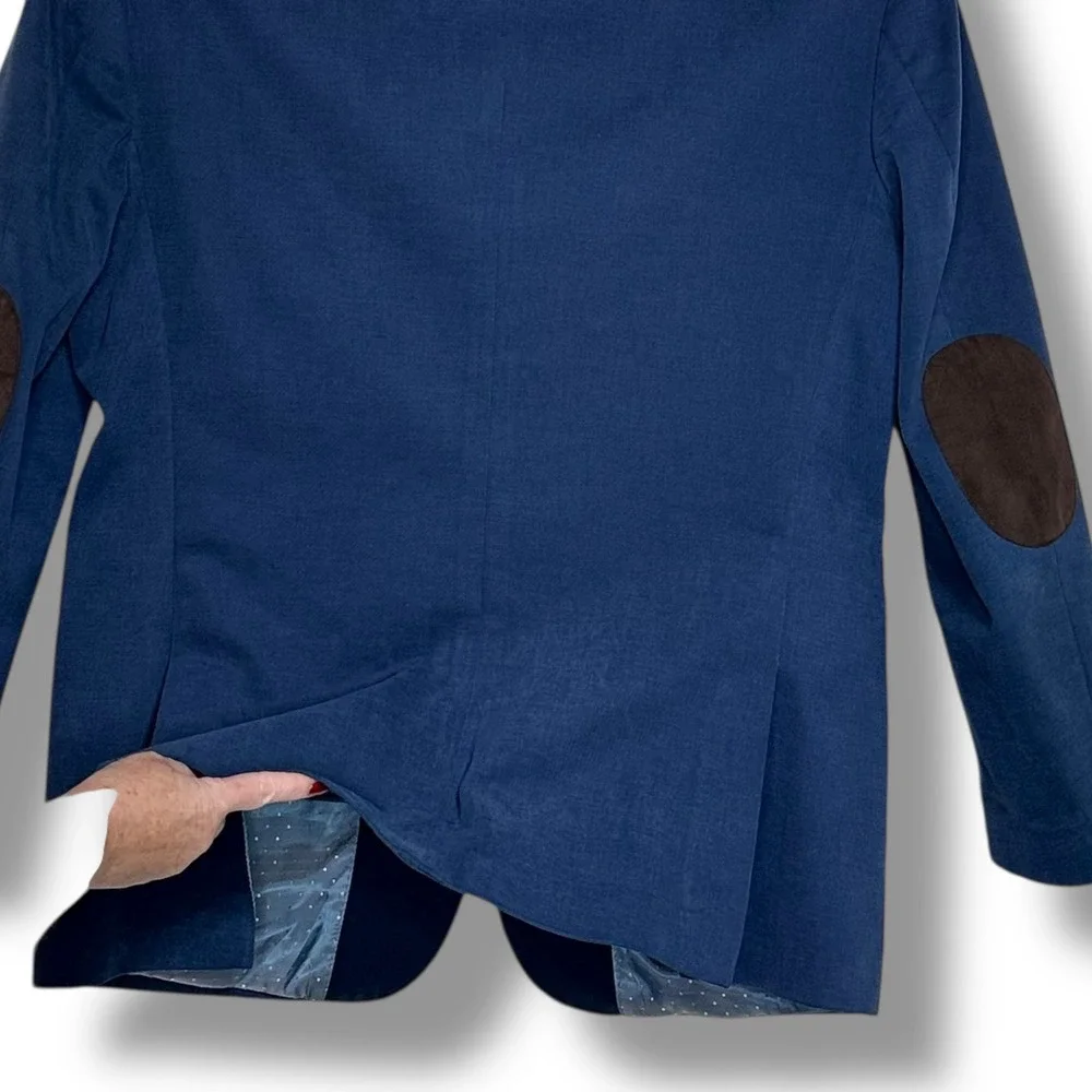 Inserch Mens XL Italy Denim Blue Blazer Jacket Cotton Brown Elbow Patches Preppy
